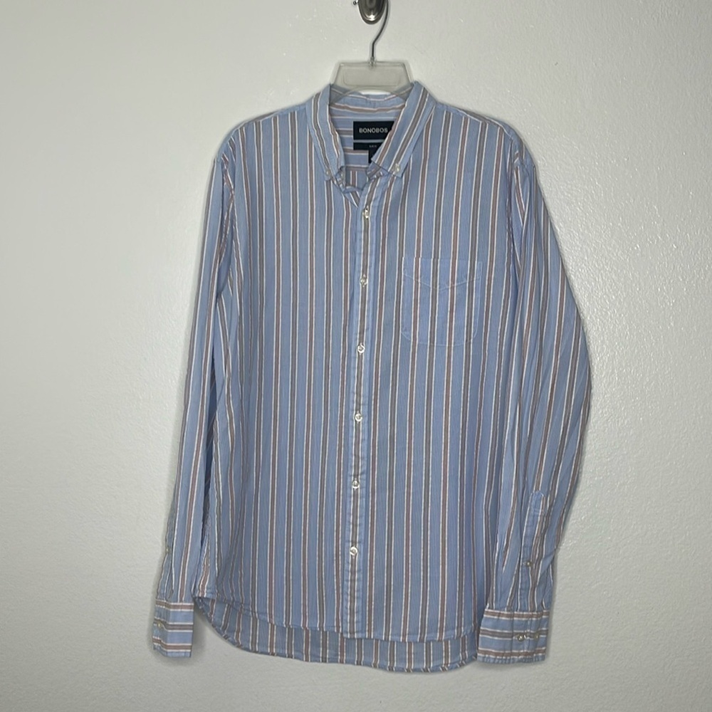 Bonobos Slim Fit Button Up Long Sleeve Shirt Size Large Striped Blue Crinkle